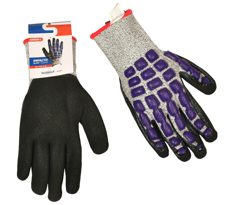Guante 4000L anti-impacto y anticorte con refuerzos TPR y palma en nitrilo arenoso.