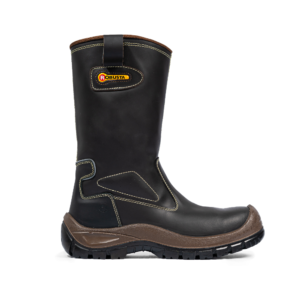 Calzado de seguridad tipo soldador en cuero semigraso con suela antideslizante y certificación ISO 20345:2022.