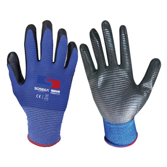 Guante Wave recubierto en nitrilo con excelente agarre en superficies húmedas y secas, resistente al desgaste y cortes para uso industrial.
