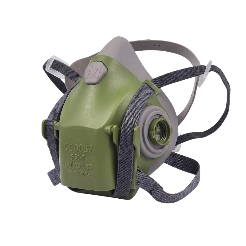 Respirador de media cara 8500 fabricado en silicona con conexión tipo bayoneta, compatible con filtros multimarca para protección respiratoria industrial.